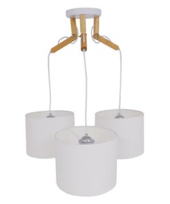 GloboStar® RAMSON 01526 Μοντέρνο Κρεμαστό Φωτιστικό Οροφής Τρίφωτο 3 x E27 Λευκό με Ξύλο και Υφασμάτινα Καπελα Φ67 x Υ65cm
