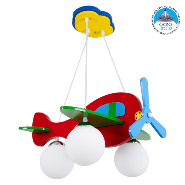 GloboStar® AIRPLANE 01575 Μοντέρνο Κρεμαστό Παιδικό Φωτιστικό Οροφής Τρίφωτο 3 x E27 Φιγούρα Πολύχρωμο Ξύλινο Μ51 x Π49 x Υ26cm