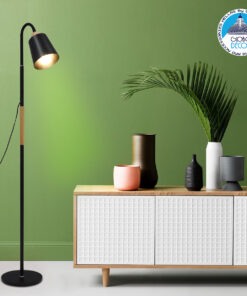 GloboStar® RIBBON 01585 Μοντέρνο Φωτιστικό Δαπέδου Μονόφωτο 1 x E27 Μαύρο Μεταλλικό Καμπάνα με Εφέ Ξύλου D13 x H164cm