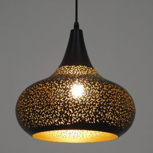 GloboStar® JANIS 01590 Μοντέρνο Κρεμαστό Φωτιστικό Οροφής Μονόφωτο 1 x E27 Μαύρο – Χρυσό Μεταλλικό Καμπάνα Φ30 x Υ30cm