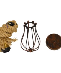 GloboStar® CAMBER 01594 Vintage Industrial Κρεμαστό Φωτιστικό Οροφής Μονόφωτο 1 x E27 Μαύρο Μεταλλικό Πλέγμα με Μπεζ Σχοινί Φ11 x Υ25cm