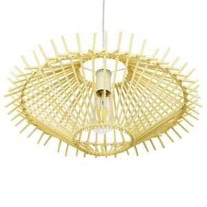 GloboStar® SASSO 01601 Vintage Κρεμαστό Φωτιστικό Οροφής Μονόφωτο 1 x E27 Μπεζ Ξύλινο Ψάθινο Bamboo Φ50 x Υ23cm