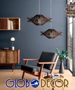 GloboStar® MADDY 01602 Vintage Κρεμαστό Φωτιστικό Οροφής Μονόφωτο 1 x E27 Καφέ Σκούρο Ξύλινο Ψάθινο Bamboo Φ50 x Υ23cm