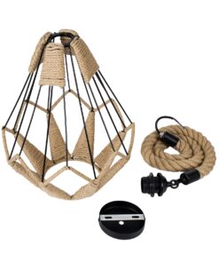 GloboStar® CONICAL 01617 Vintage Κρεμαστό Φωτιστικό Οροφής Μονόφωτο 1 x E27 Πλέγμα με Μπεζ Σχοινί Φ31 x Υ38cm