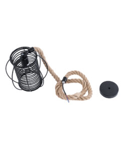 GloboStar® ORVAL 01689 Μοντέρνο Κρεμαστό Φωτιστικό Οροφής Μονόφωτο 1 x E27 AC220-240V IP20 – Φ20 x Υ20cm – Μαύρο Μεταλλικό με Μπεζ Σχοινί Πλέγμα