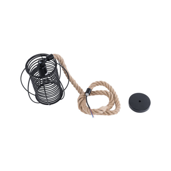 GloboStar® ORVAL 01689 Μοντέρνο Κρεμαστό Φωτιστικό Οροφής Μονόφωτο 1 x E27 AC220-240V IP20 – Φ20 x Υ20cm – Μαύρο Μεταλλικό με Μπεζ Σχοινί Πλέγμα