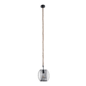 GloboStar® ORVAL 01689 Μοντέρνο Κρεμαστό Φωτιστικό Οροφής Μονόφωτο 1 x E27 AC220-240V IP20 – Φ20 x Υ20cm – Μαύρο Μεταλλικό με Μπεζ Σχοινί Πλέγμα