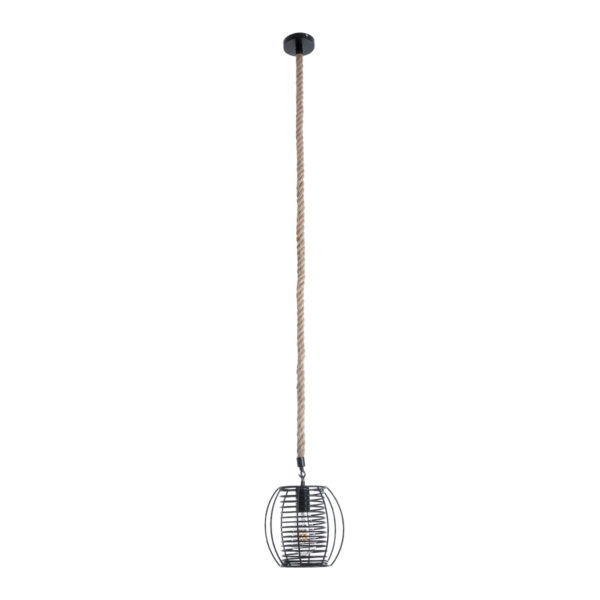 GloboStar® ORVAL 01689 Μοντέρνο Κρεμαστό Φωτιστικό Οροφής Μονόφωτο 1 x E27 AC220-240V IP20 – Φ20 x Υ20cm – Μαύρο Μεταλλικό με Μπεζ Σχοινί Πλέγμα