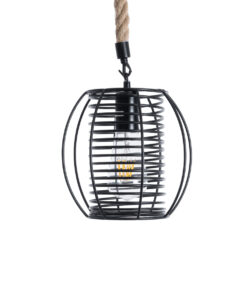 GloboStar® ORVAL 01689 Μοντέρνο Κρεμαστό Φωτιστικό Οροφής Μονόφωτο 1 x E27 AC220-240V IP20 – Φ20 x Υ20cm – Μαύρο Μεταλλικό με Μπεζ Σχοινί Πλέγμα