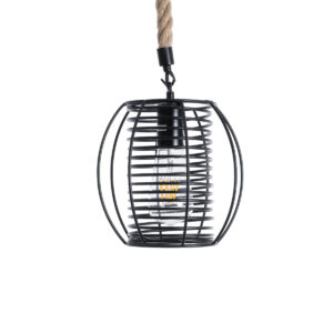 GloboStar® ORVAL 01689 Μοντέρνο Κρεμαστό Φωτιστικό Οροφής Μονόφωτο 1 x E27 AC220-240V IP20 – Φ20 x Υ20cm – Μαύρο Μεταλλικό με Μπεζ Σχοινί Πλέγμα