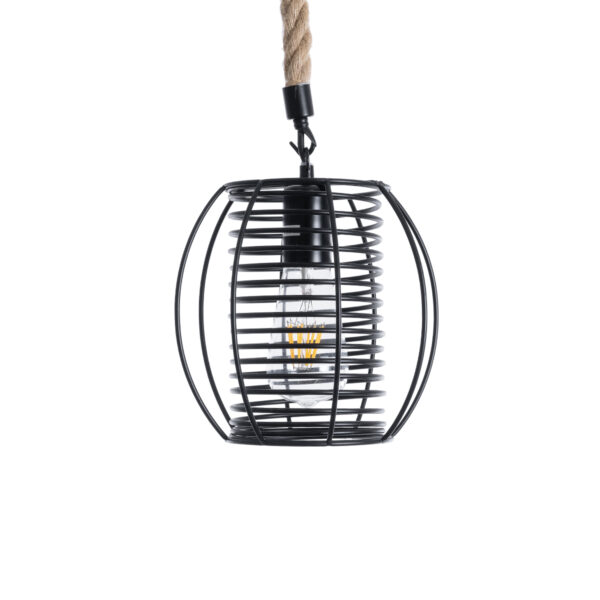 GloboStar® ORVAL 01689 Μοντέρνο Κρεμαστό Φωτιστικό Οροφής Μονόφωτο 1 x E27 AC220-240V IP20 – Φ20 x Υ20cm – Μαύρο Μεταλλικό με Μπεζ Σχοινί Πλέγμα