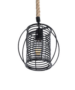 GloboStar® ORVAL 01689 Μοντέρνο Κρεμαστό Φωτιστικό Οροφής Μονόφωτο 1 x E27 AC220-240V IP20 – Φ20 x Υ20cm – Μαύρο Μεταλλικό με Μπεζ Σχοινί Πλέγμα