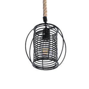 GloboStar® ORVAL 01689 Μοντέρνο Κρεμαστό Φωτιστικό Οροφής Μονόφωτο 1 x E27 AC220-240V IP20 – Φ20 x Υ20cm – Μαύρο Μεταλλικό με Μπεζ Σχοινί Πλέγμα