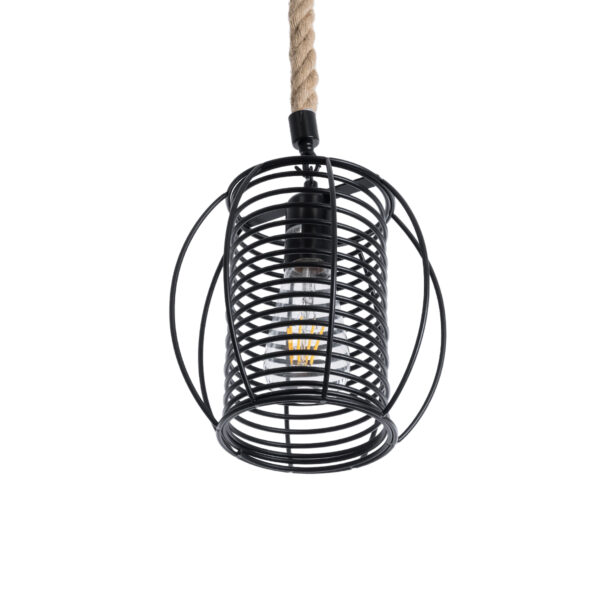 GloboStar® ORVAL 01689 Μοντέρνο Κρεμαστό Φωτιστικό Οροφής Μονόφωτο 1 x E27 AC220-240V IP20 – Φ20 x Υ20cm – Μαύρο Μεταλλικό με Μπεζ Σχοινί Πλέγμα