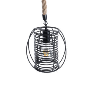 GloboStar® ORVAL 01689 Μοντέρνο Κρεμαστό Φωτιστικό Οροφής Μονόφωτο 1 x E27 AC220-240V IP20 – Φ20 x Υ20cm – Μαύρο Μεταλλικό με Μπεζ Σχοινί Πλέγμα