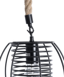 GloboStar® ORVAL 01689 Μοντέρνο Κρεμαστό Φωτιστικό Οροφής Μονόφωτο 1 x E27 AC220-240V IP20 – Φ20 x Υ20cm – Μαύρο Μεταλλικό με Μπεζ Σχοινί Πλέγμα