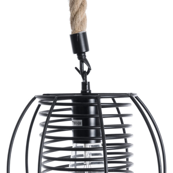 GloboStar® ORVAL 01689 Μοντέρνο Κρεμαστό Φωτιστικό Οροφής Μονόφωτο 1 x E27 AC220-240V IP20 – Φ20 x Υ20cm – Μαύρο Μεταλλικό με Μπεζ Σχοινί Πλέγμα