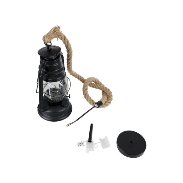 GloboStar® BARBAROSSA 01704 Vintage Κρεμαστό Φωτιστικό Οροφής Μονόφωτο 1 x E27 AC220-240V IP20 – Φ18 x Υ28cm – Μαύρο Μεταλλικό με Διάφανο Γυαλί και Ανάρτηση Σχοινί Τριχιάς – 5 Χρόνια Εγγύηση