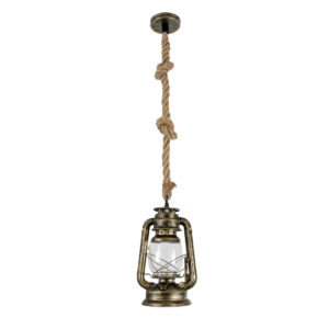 GloboStar® BARBAROSSA 01705 Vintage Κρεμαστό Φωτιστικό Οροφής Μονόφωτο 1 x E27 AC220-240V IP20 – Φ18 x Υ28cm – Χρυσό Αντικέ με Διάφανο Γυαλί και Ανάρτηση Σχοινί Τριχιάς – 5 Χρόνια Εγγύηση