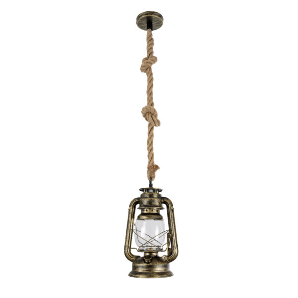 GloboStar® BARBAROSSA 01705 Vintage Κρεμαστό Φωτιστικό Οροφής Μονόφωτο 1 x E27 AC220-240V IP20 – Φ18 x Υ28cm – Χρυσό Αντικέ με Διάφανο Γυαλί και Ανάρτηση Σχοινί Τριχιάς – 5 Χρόνια Εγγύηση