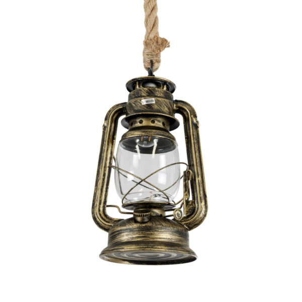 GloboStar® BARBAROSSA 01705 Vintage Κρεμαστό Φωτιστικό Οροφής Μονόφωτο 1 x E27 AC220-240V IP20 – Φ18 x Υ28cm – Χρυσό Αντικέ με Διάφανο Γυαλί και Ανάρτηση Σχοινί Τριχιάς – 5 Χρόνια Εγγύηση