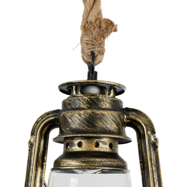 GloboStar® BARBAROSSA 01705 Vintage Κρεμαστό Φωτιστικό Οροφής Μονόφωτο 1 x E27 AC220-240V IP20 – Φ18 x Υ28cm – Χρυσό Αντικέ με Διάφανο Γυαλί και Ανάρτηση Σχοινί Τριχιάς – 5 Χρόνια Εγγύηση