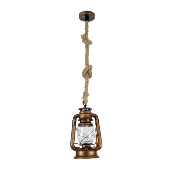 GloboStar® BARBAROSSA 01706 Vintage Κρεμαστό Φωτιστικό Οροφής Μονόφωτο 1 x E27 AC220-240V IP20 – Φ18 x Υ28cm – Μπρούτζινο Αντικέ Μεταλλικό με Διάφανο Γυαλί και Ανάρτηση Σχοινί Τριχιάς – 5 Χρόνια Εγγύηση