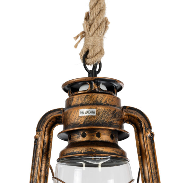 GloboStar® BARBAROSSA 01706 Vintage Κρεμαστό Φωτιστικό Οροφής Μονόφωτο 1 x E27 AC220-240V IP20 – Φ18 x Υ28cm – Μπρούτζινο Αντικέ Μεταλλικό με Διάφανο Γυαλί και Ανάρτηση Σχοινί Τριχιάς – 5 Χρόνια Εγγύηση