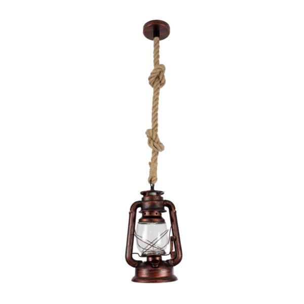 GloboStar® BARBAROSSA 01707 Vintage Κρεμαστό Φωτιστικό Οροφής Μονόφωτο 1 x E27 AC220-240V IP20 – Φ18 x Υ28cm – Χάλκινο Αντικέ Μεταλλικό με Διάφανο Γυαλί και Ανάρτηση Σχοινί Τριχιάς – 5 Χρόνια Εγγύηση