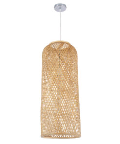 GloboStar® CALERO 01711 Μοντέρνο Κρεμαστό Φωτιστικό Οροφής Μονόφωτο 1 x E27 Μπεζ Μπαμπού Καμπάνα Φ30 x Υ70cm