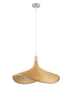 GloboStar® CUBA 01719 Vintage Κρεμαστό Φωτιστικό Οροφής Μονόφωτο 1 x E27 Μπεζ Ξύλινο Bamboo Φ53 x Y30cm