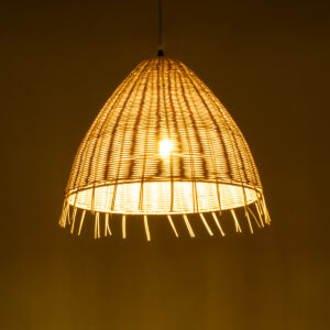 GloboStar® AQUATIC 01742 Boho Κρεμαστό Φωτιστικό Οροφής Μονόφωτο 1 x E27 AC220-240V IP20 – Φ40 x Υ36cm – Μπεζ Ξύλινο Μπαμπού Πλέγμα Καμπάνα – 5 Χρόνια Εγγύηση