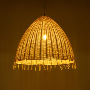 GloboStar® AQUATIC 01743 Boho Κρεμαστό Φωτιστικό Οροφής Μονόφωτο 1 x E27 AC220-240V IP20 – Φ60 x Υ60cm – Μπεζ Ξύλινο Μπαμπού Πλέγμα Καμπάνα – 5 Χρόνια Εγγύηση