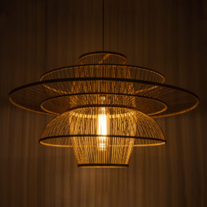 GloboStar® BALI 01758 Vintage Κρεμαστό Φωτιστικό Οροφής Μονόφωτο 1 x E27 Μπεζ Ξύλινο Μπαμπού Πλέγμα Φ100 x Y60cm