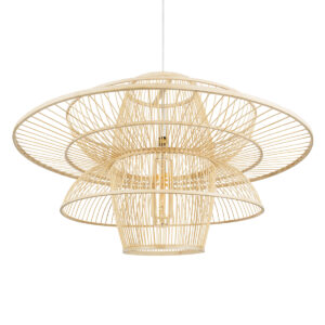 GloboStar® BALI 01758 Vintage Κρεμαστό Φωτιστικό Οροφής Μονόφωτο 1 x E27 Μπεζ Ξύλινο Μπαμπού Πλέγμα Φ100 x Y60cm