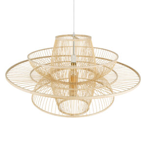 GloboStar® BALI 01758 Vintage Κρεμαστό Φωτιστικό Οροφής Μονόφωτο 1 x E27 Μπεζ Ξύλινο Μπαμπού Πλέγμα Φ100 x Y60cm