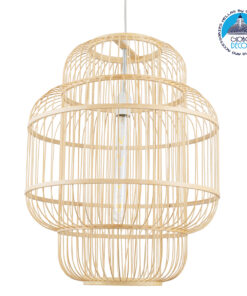 GloboStar® HAITI 01763 Vintage Κρεμαστό Φωτιστικό Οροφής Μονόφωτο 1 x E27 Μπεζ Ξύλινο Bamboo Πλέγμα Φ48 x Υ60cm