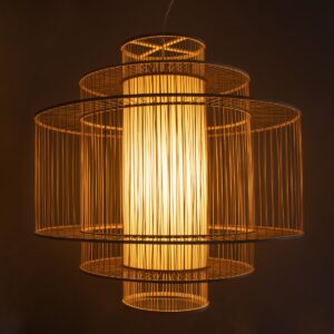 GloboStar® ARMONA 01780 Μοντέρνο Κρεμαστό Φωτιστικό Οροφής Μονόφωτο 1 x E27 Μπεζ Μπαμπού Πλέγμα Φ100 x Υ100cm