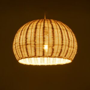 GloboStar® RAITO 01824 Boho Κρεμαστό Φωτιστικό Οροφής Μονόφωτο 1 x E27 AC220-240V IP20 – Φ40 x Υ25cm – Μπεζ Ξύλινο Μπαμπού Πλέγμα Καμπάνα – 5 Χρόνια Εγγύηση