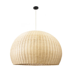 GloboStar® RAITO 01826 Boho Κρεμαστό Φωτιστικό Οροφής Μονόφωτο 1 x E27 AC220-240V IP20 – Φ100 x Υ63cm – Μπεζ Ξύλινο Μπαμπού Πλέγμα Καμπάνα – 5 Χρόνια Εγγύηση