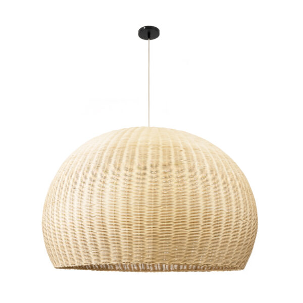 GloboStar® RAITO 01826 Boho Κρεμαστό Φωτιστικό Οροφής Μονόφωτο 1 x E27 AC220-240V IP20 – Φ100 x Υ63cm – Μπεζ Ξύλινο Μπαμπού Πλέγμα Καμπάνα – 5 Χρόνια Εγγύηση