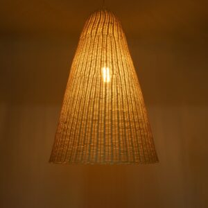 GloboStar® MAHANA 01827 Boho Κρεμαστό Φωτιστικό Οροφής Μονόφωτο 1 x E27 AC220-240V IP20 – Φ80 x Υ130cm – Μπεζ Ξύλινο Ρατάν Πλέγμα – 5 Χρόνια Εγγύηση