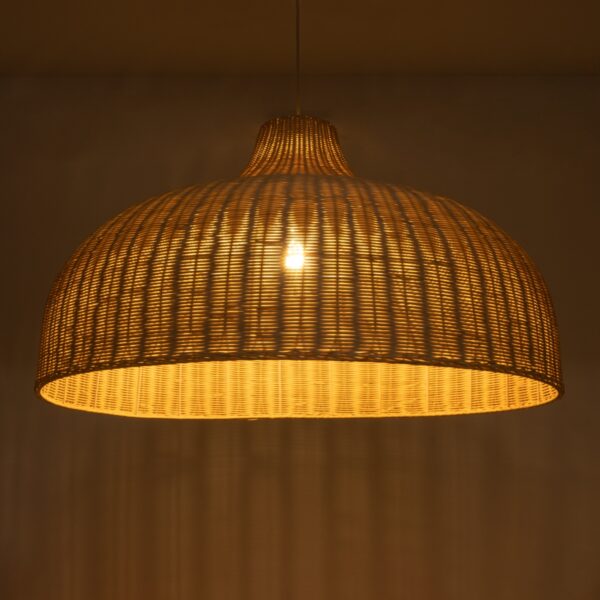 GloboStar® AFURU 01829 Boho Κρεμαστό Φωτιστικό Οροφής Μονόφωτο 1 x E27 AC220-240V IP20 – Φ100 x Υ60cm – Μπεζ Ξύλινο Μπαμπού Πλέγμα Καμπάνα – 5 Χρόνια Εγγύηση