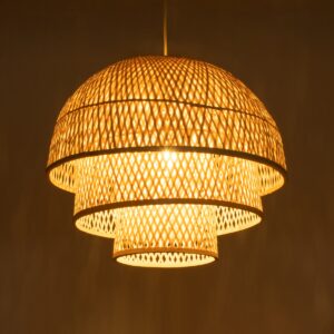 GloboStar® HIROKA 01836 Boho Κρεμαστό Φωτιστικό Οροφής Μονόφωτο 1 x E27 AC220-240V IP20 – Φ60 x Υ50cm – Μπεζ Ξύλινο Μπαμπού Πλέγμα – 5 Χρόνια Εγγύηση