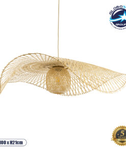 GloboStar® CINNABAR 01838 Boho Κρεμαστό Φωτιστικό Οροφής Μονόφωτο 1 x E27 AC220-240V IP20 – Φ100 x Υ21cm – Μπεζ Ξύλινο Μπαμπού Πλέγμα – 5 Χρόνια Εγγύηση