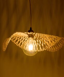 GloboStar® MELEMELE 01840 Boho Κρεμαστό Φωτιστικό Οροφής Μονόφωτο 1 x E27 AC220-240V IP20 – Φ50 x Υ7cm – Μπεζ Ξύλινο Μπαμπού Πλέγμα – 5 Χρόνια Εγγύηση