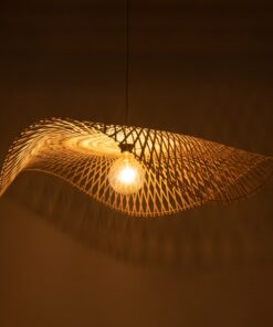 GloboStar® MELEMELE 01842 Boho Κρεμαστό Φωτιστικό Οροφής Μονόφωτο 1 x E27 AC220-240V IP20 – Φ100 x Υ12cm – Μπεζ Ξύλινο Μπαμπού Πλέγμα – 5 Χρόνια Εγγύηση