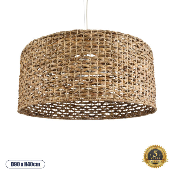 GloboStar® MANGATA 01850 Boho Κρεμαστό Φωτιστικό Οροφής Μονόφωτο 1 x E27 AC220-240V IP20 - Φ90 x Υ40cm - Καφέ Water Hyacinth - Υδρουάκινθος Πλέγμα Καμπάνα - 5 Χρόνια Εγγύηση