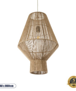 GloboStar® CAYMAN 01853 Boho Κρεμαστό Φωτιστικό Οροφής Μονόφωτο 1 x E27 AC220-240V IP20 – Φ40 x Υ60cm – Μπεζ Λεπτό Σχοινί Τριχιά Πλέγμα – 5 Χρόνια Εγγύηση