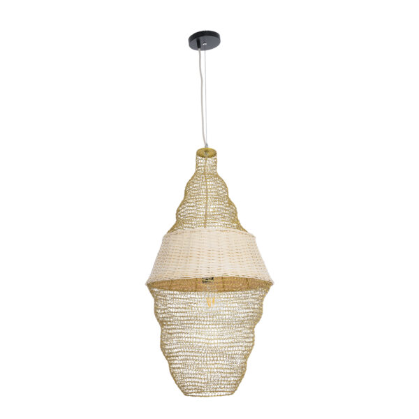 GloboStar® KENTUCKY 01910 Vintage Κρεμαστό Φωτιστικό Οροφής Μονόφωτο 1 x E27 AC220-240V IP20 – Φ40 x Υ80cm – Μπεζ Μεταλλικό με Μπαμπού Πλέγμα